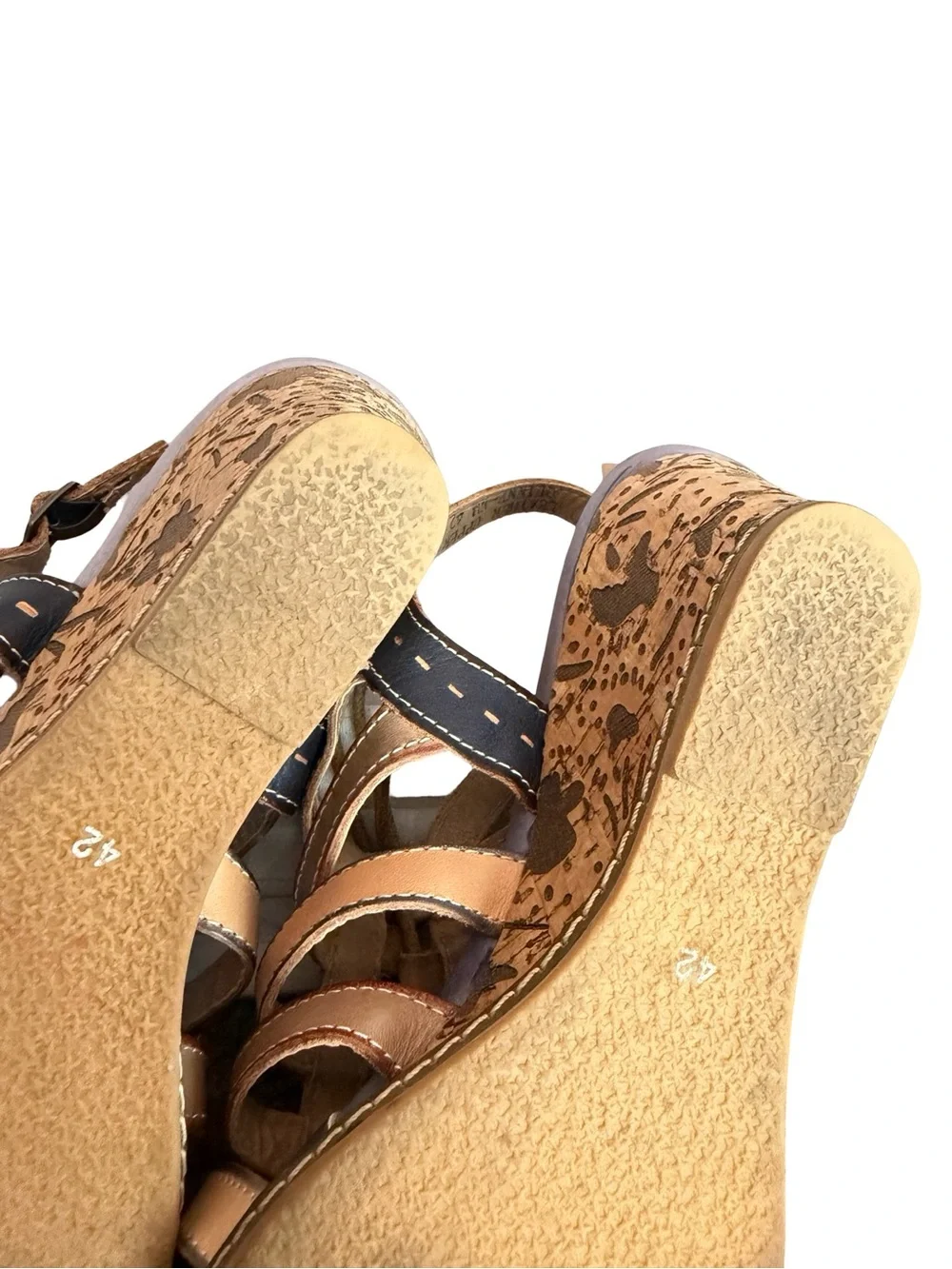 L'Artiste x Spring Step Navy Tan Leather Lace Up Wedge Sandals Size 10.5 Women's